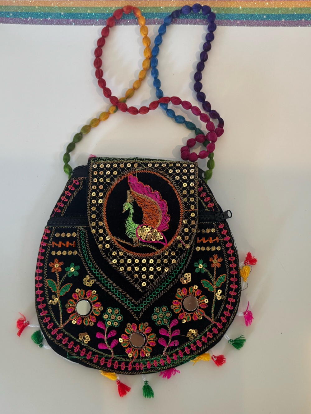 Embroidered Black Multicolor Mirror Work Crossbody Bag